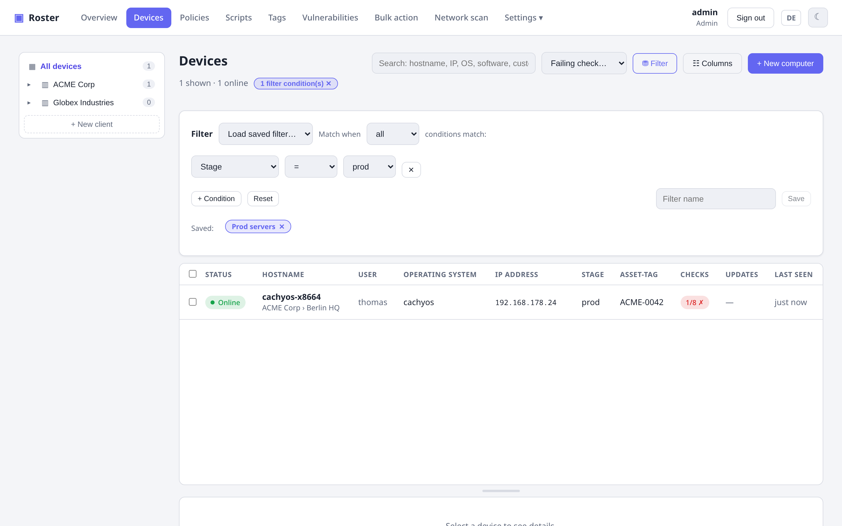 Device list with custom columns and filter
